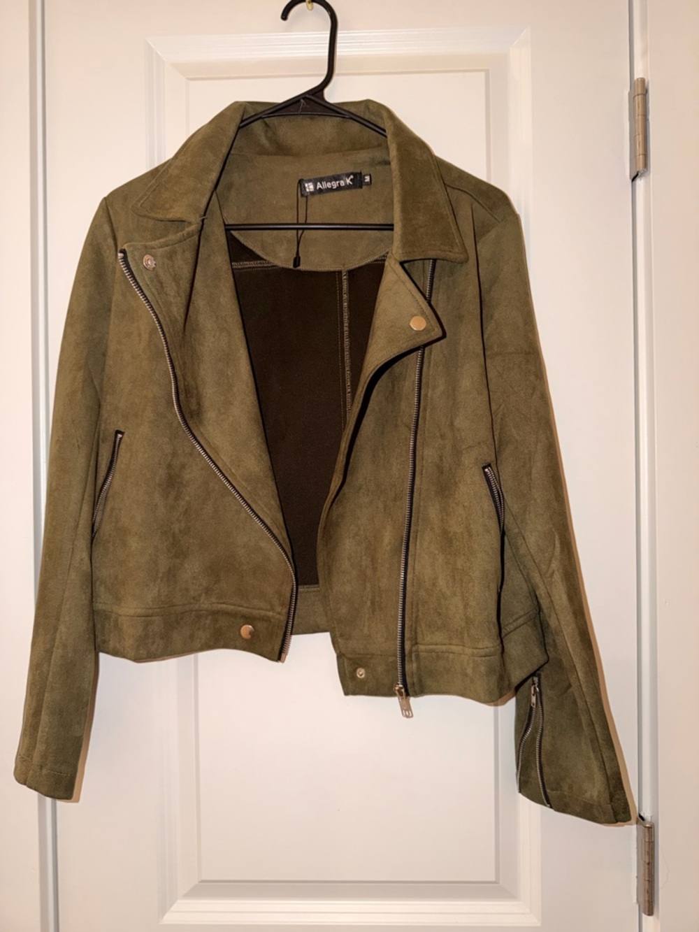Allegra K Olive Suede Moto Jacket with Zipper Accents